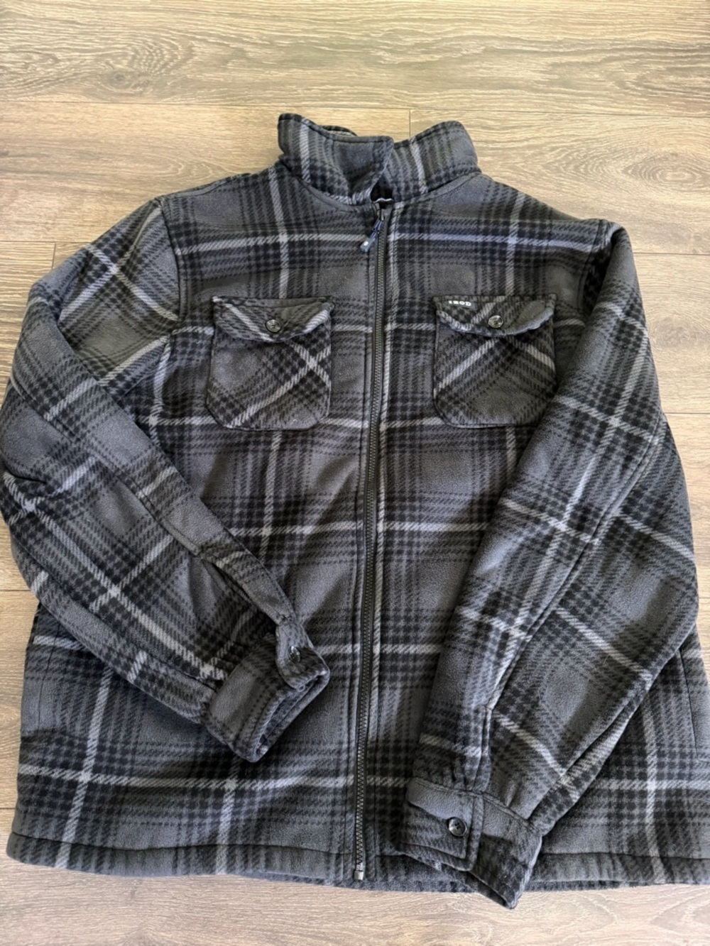 Sz XL Men's Black & Gray Plaid Zip-Up Fleece Jacket